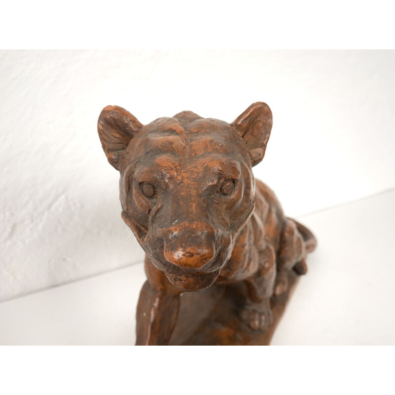 Art Deco vintage clay tiger sculpture by Clem, France 1930s