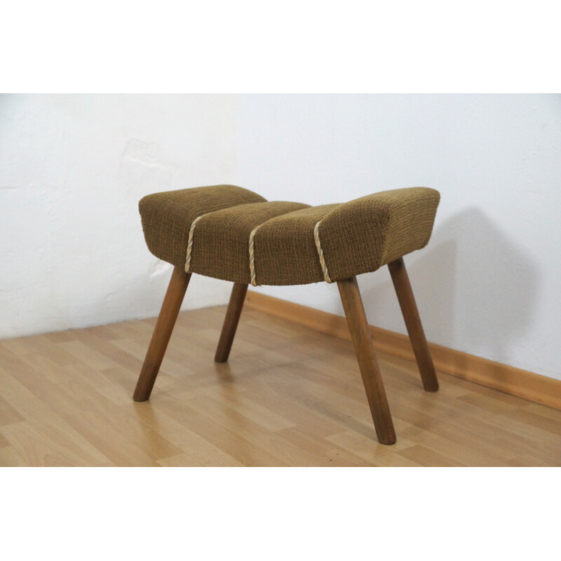 Mid-century stool in wood and brown fabric - 1950s
