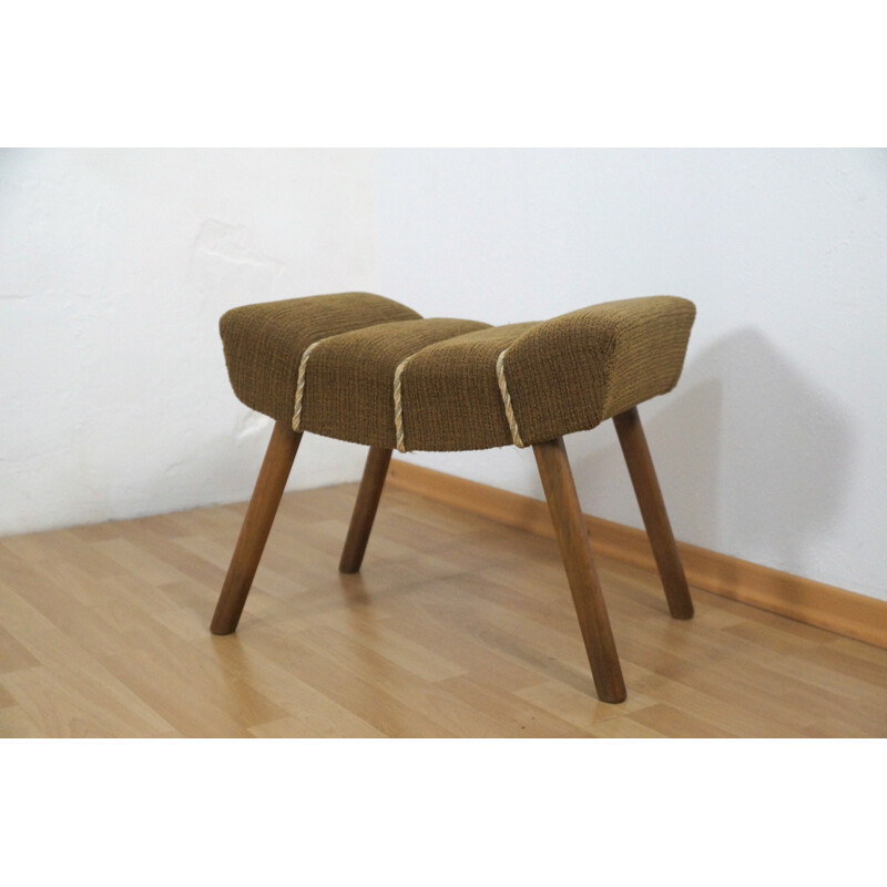 Tabouret vintage en bois et tissu brun - 1950s