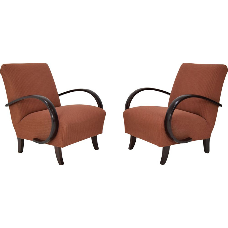 Pair of mid-century fabric and wood armchairs by Jindrich Halabala, Czechoslovakia 1950s