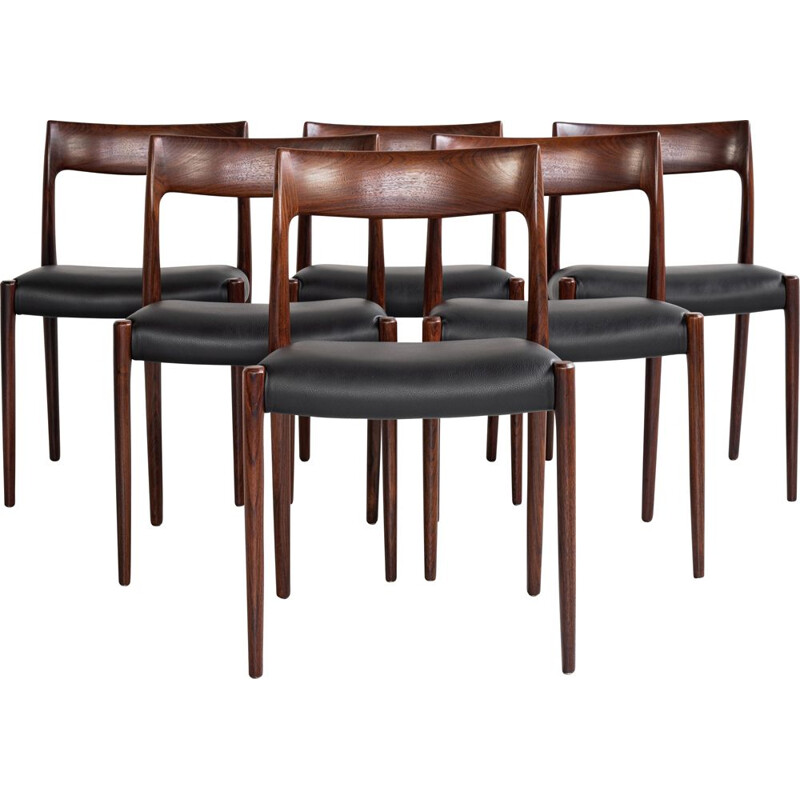 Set of 6 vintage chairs in rosewood and leather by Niels Otto Møller for J.L. Møllers Møbelfabrik, Denmark 1960s