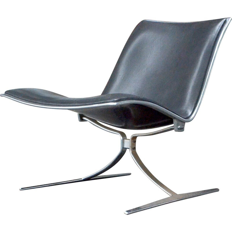 Vintage black leather "Skater" armchair by Jorgen Kastholm for KILL, 1968