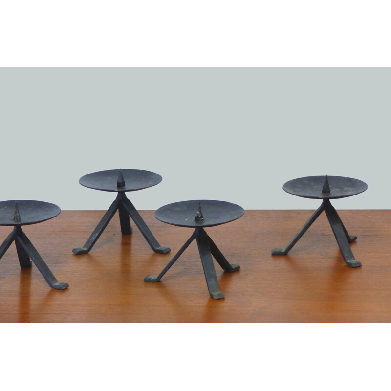 Set of 5 vintage brutalist wrought iron candlesticks, 1950-1960