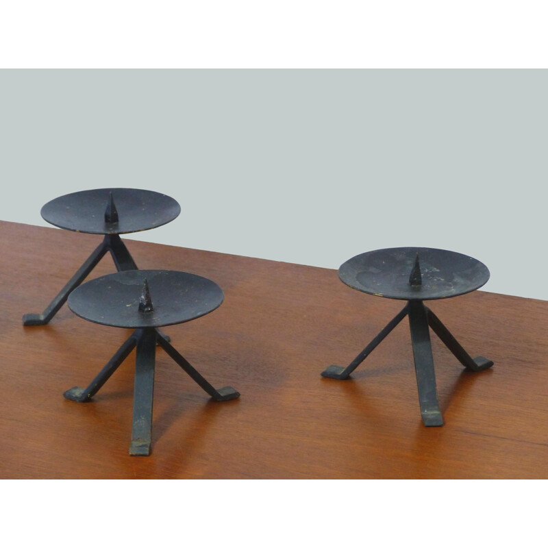 Set of 5 vintage brutalist wrought iron candlesticks, 1950-1960