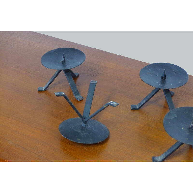 Set of 5 vintage brutalist wrought iron candlesticks, 1950-1960