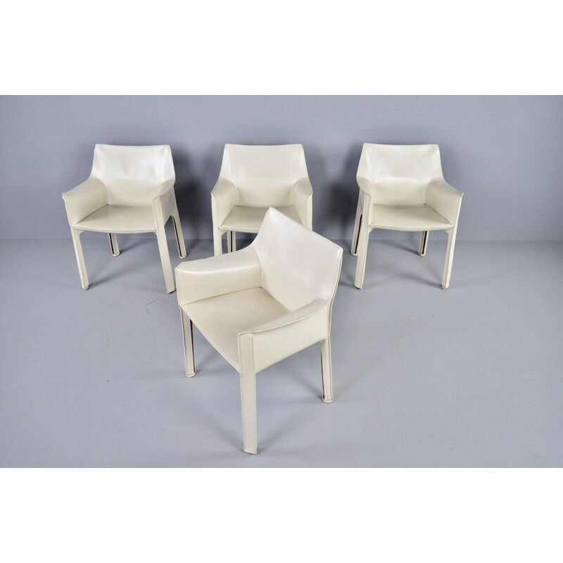 Ensemble de 4 chaises vintage en cuir ivoire Cab 413 par Mario Bellini pour Cassina, 1977