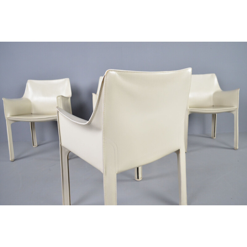 Set of 4 vintage Cab 413 ivory leather dining chairs by Mario Bellini for Cassina, 1977