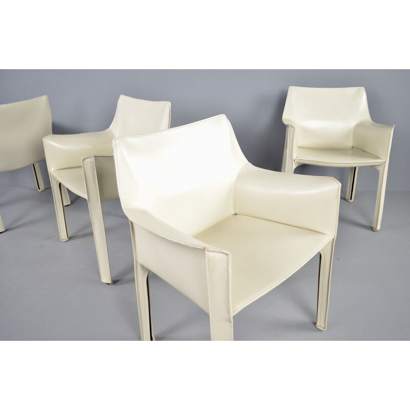 Ensemble de 4 chaises vintage en cuir ivoire Cab 413 par Mario Bellini pour Cassina, 1977