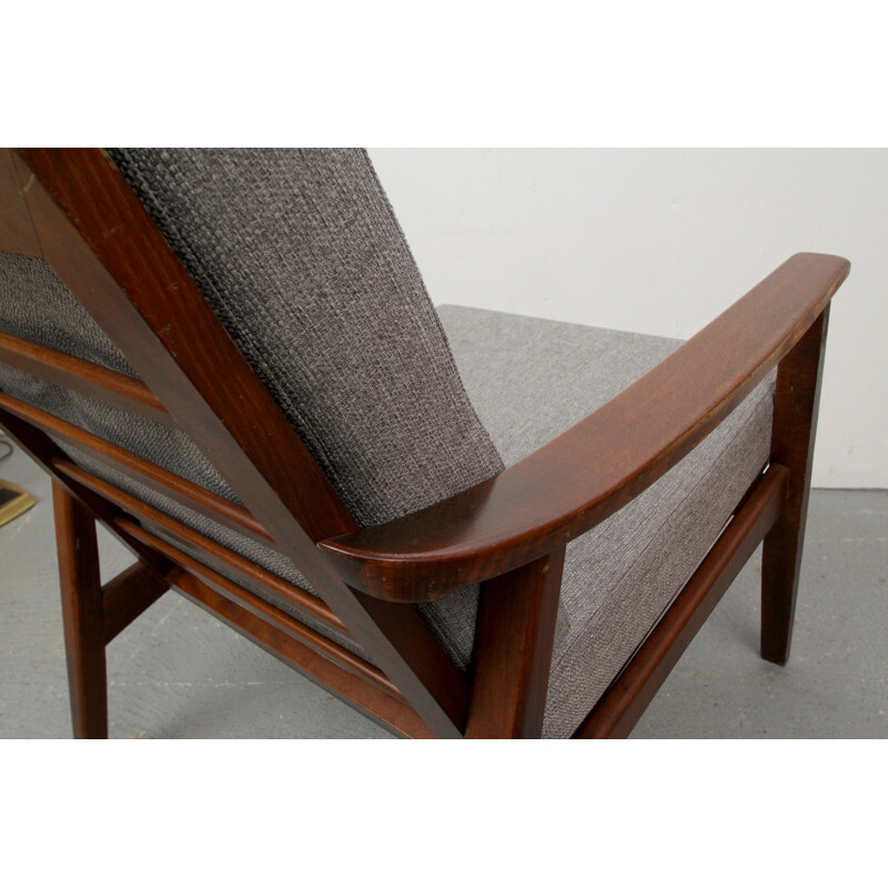 Armchair in wood and grey fabric - 1960s
