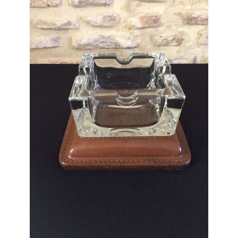 Ashtray vintage art deco modernist cut glass and leather quilted cellar