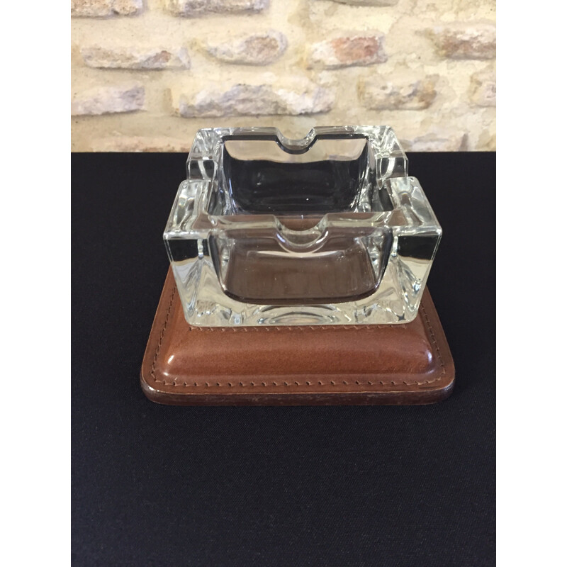 Ashtray vintage art deco modernist cut glass and leather quilted cellar