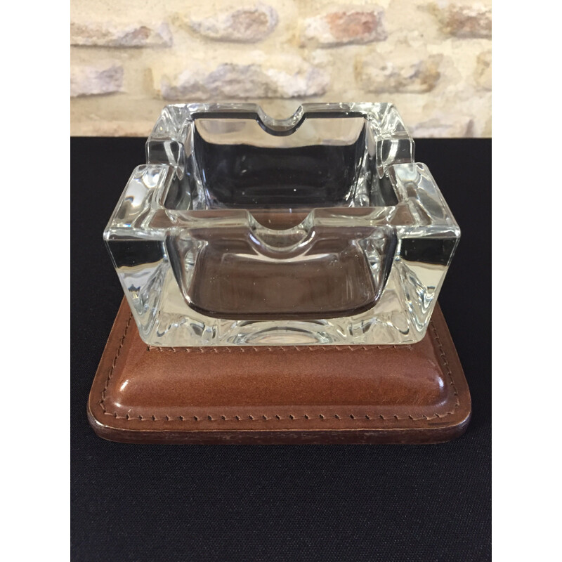 Ashtray vintage art deco modernist cut glass and leather quilted cellar