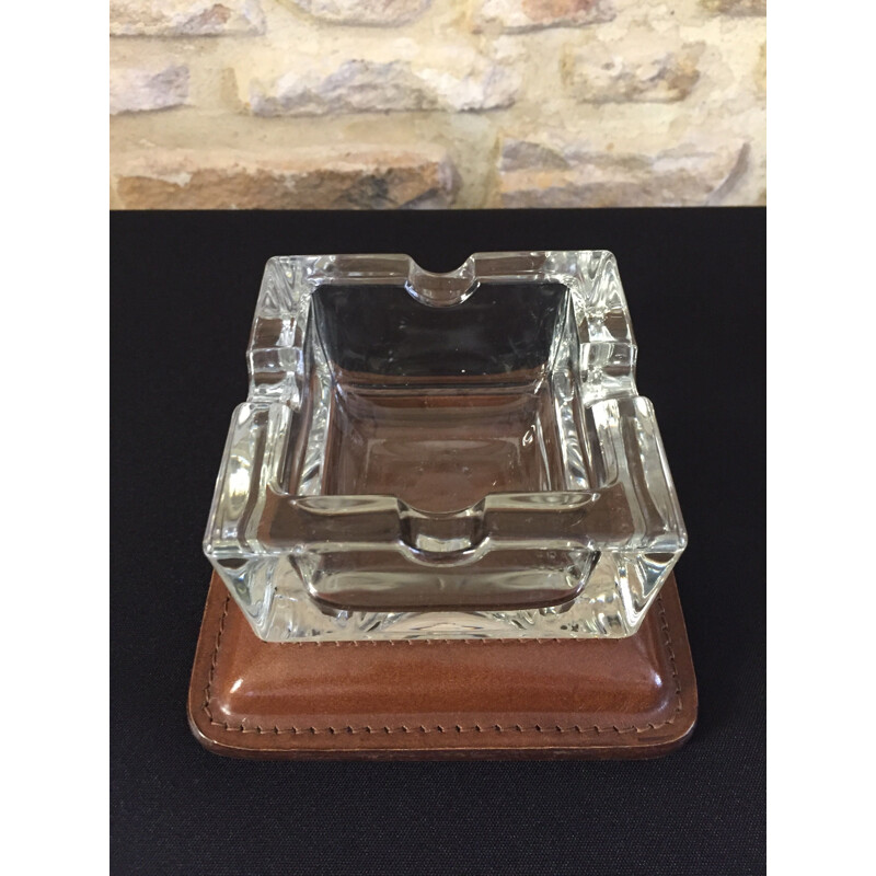 Ashtray vintage art deco modernist cut glass and leather quilted cellar