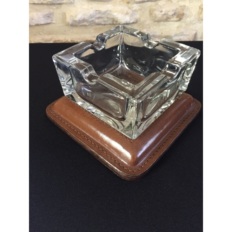 Ashtray vintage art deco modernist cut glass and leather quilted cellar