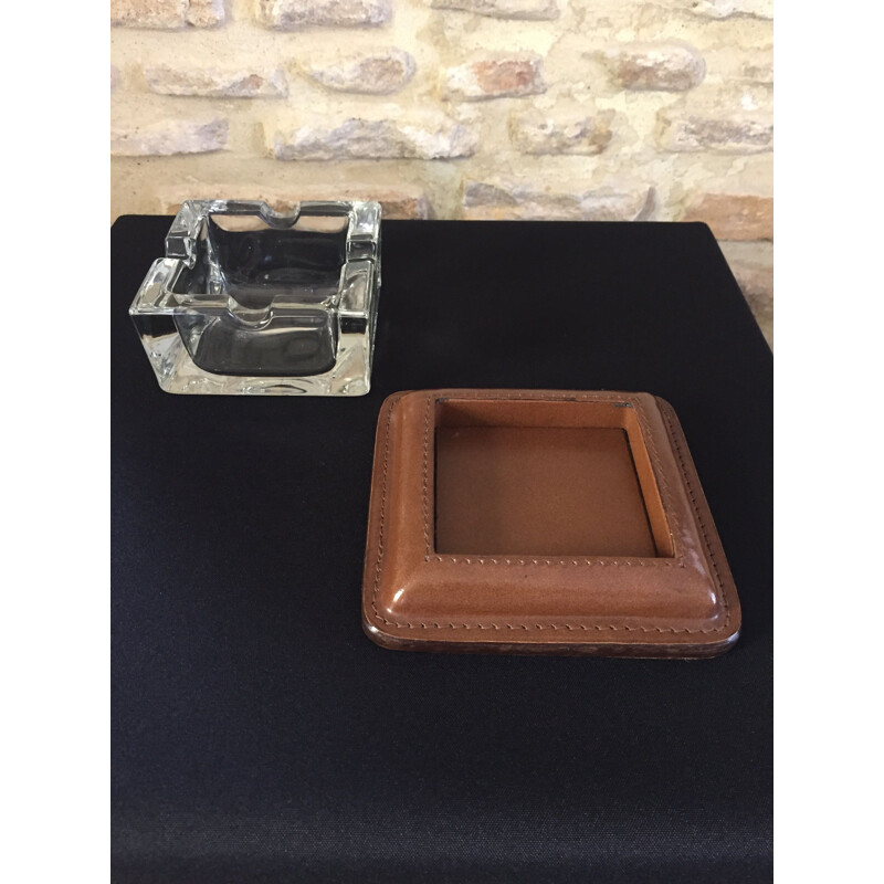 Ashtray vintage art deco modernist cut glass and leather quilted cellar