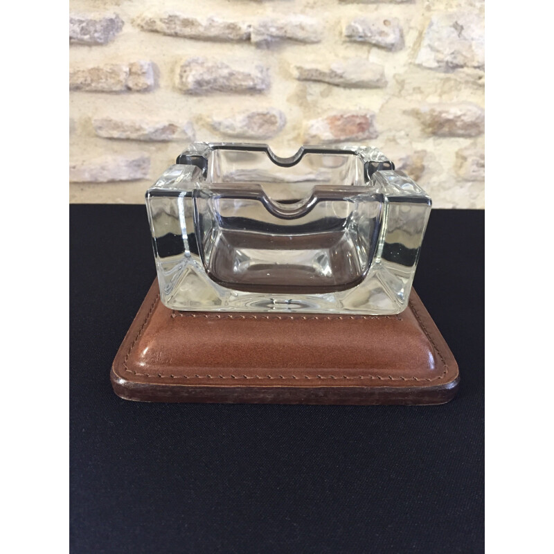 Ashtray vintage art deco modernist cut glass and leather quilted cellar