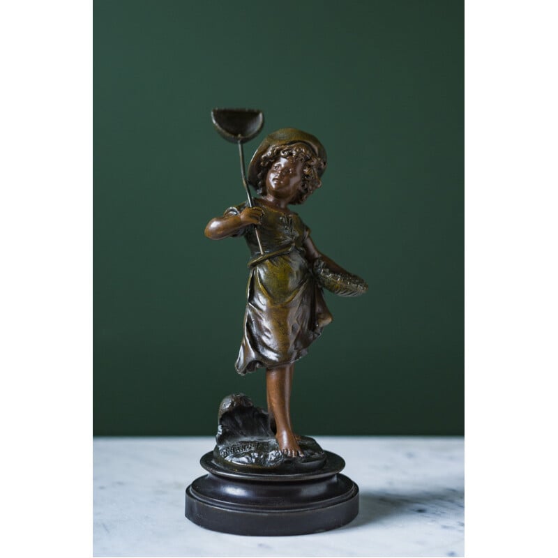 Vintage boy sculpture with butterfly in bronze by Auguste Moreau, France 1890