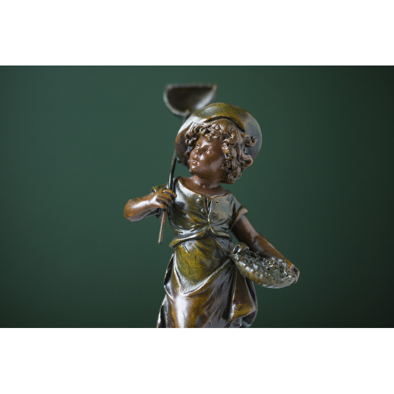 Vintage boy sculpture with butterfly in bronze by Auguste Moreau, France 1890