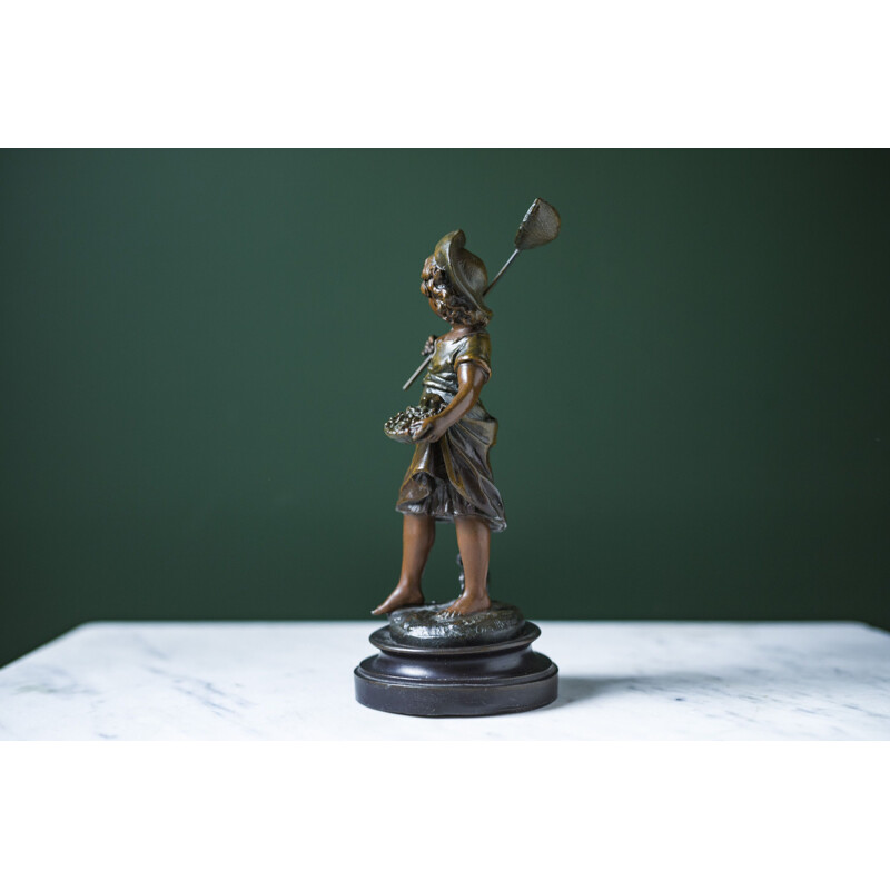 Vintage boy sculpture with butterfly in bronze by Auguste Moreau, France 1890