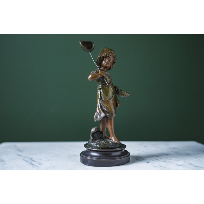 Vintage boy sculpture with butterfly in bronze by Auguste Moreau, France 1890