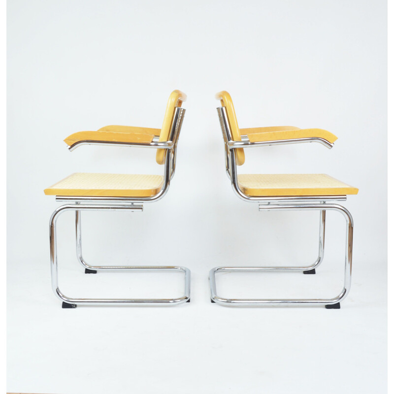 Paire de fauteuils vintage en bois et rotin avec accoudoirs, 1970