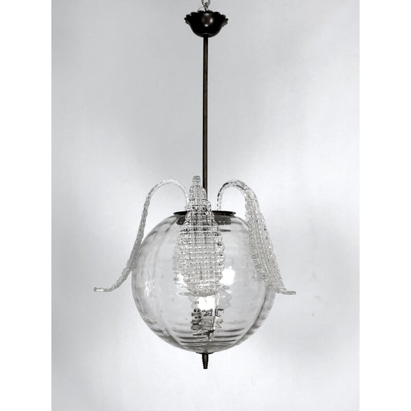 Mid-century Murano glass clear pendant lamp by Barovier, 1940s