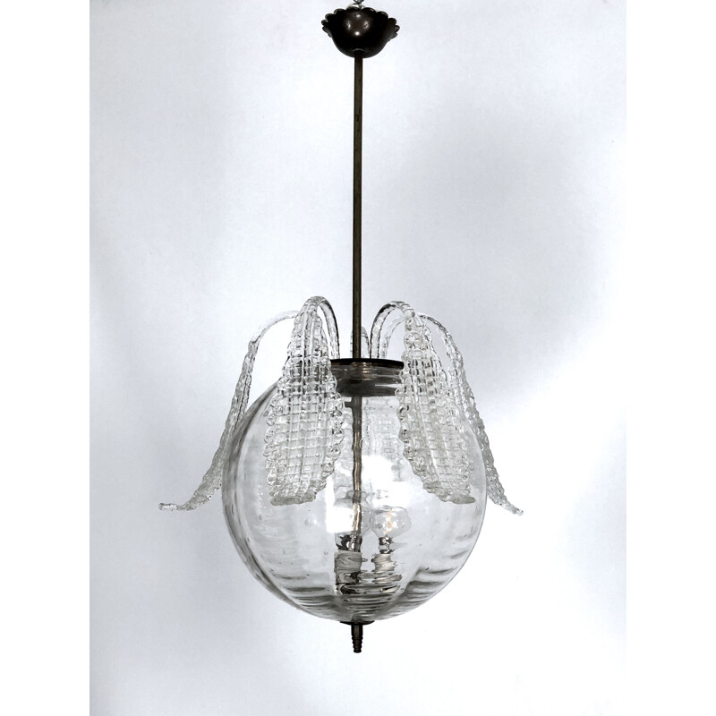 Mid-century Murano glass clear pendant lamp by Barovier, 1940s