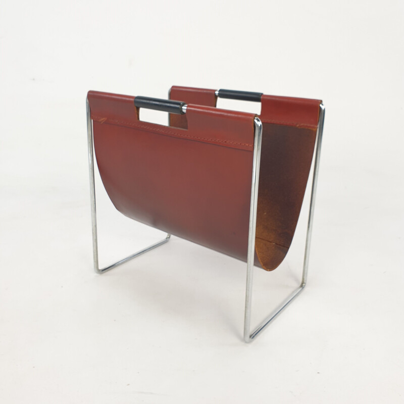 Vintage leather & chrome magazine rack from Brabantia, 1970s