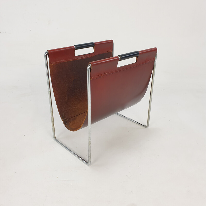 Vintage leather & chrome magazine rack from Brabantia, 1970s