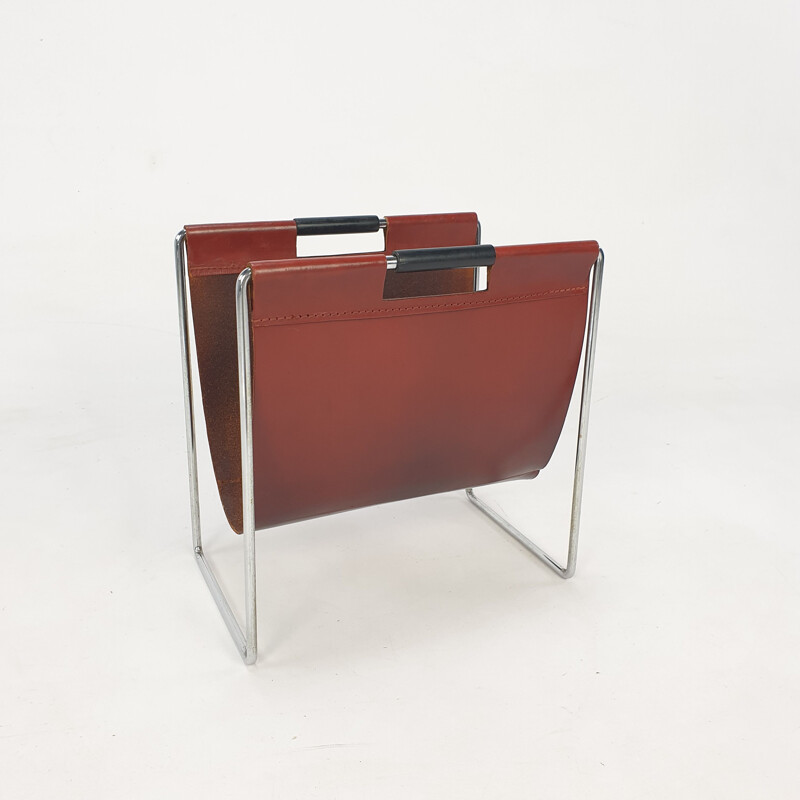 Vintage leather & chrome magazine rack from Brabantia, 1970s