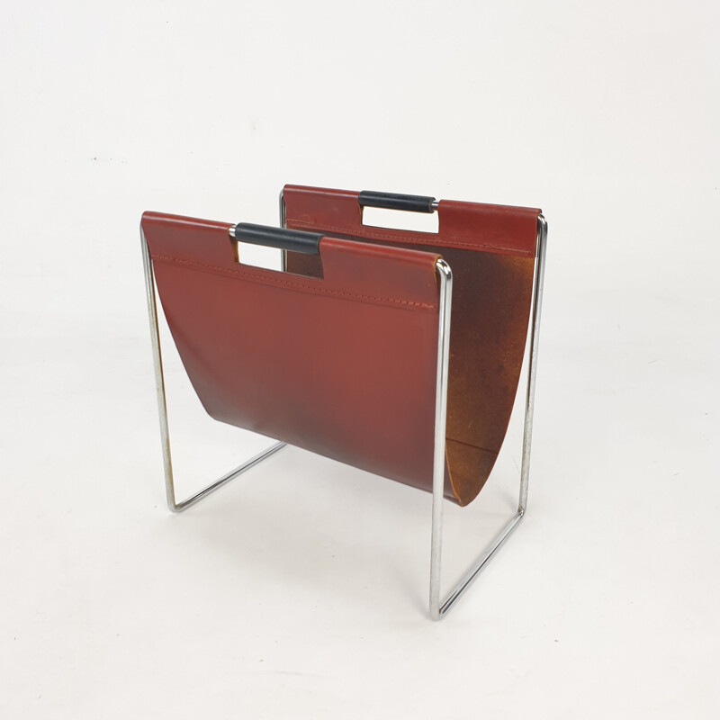 Vintage leather & chrome magazine rack from Brabantia, 1970s