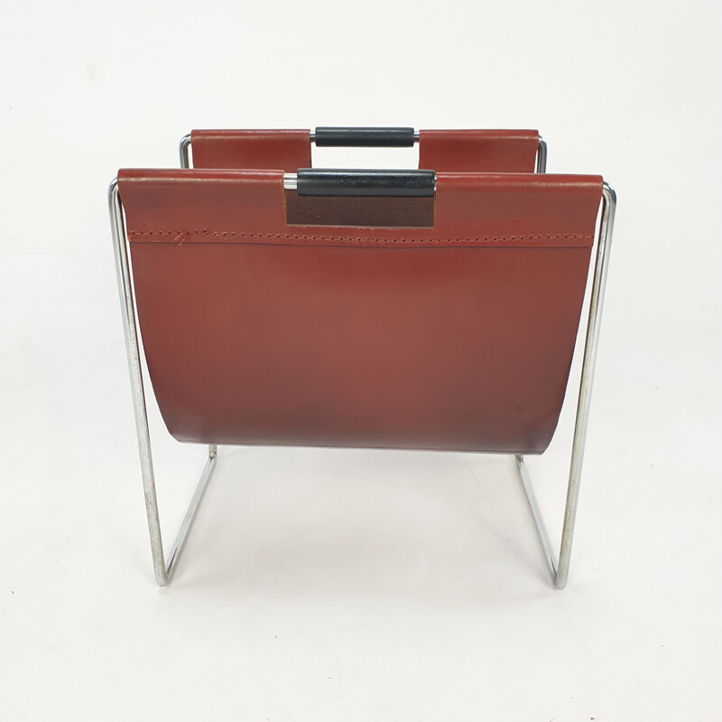 Vintage leather & chrome magazine rack from Brabantia, 1970s