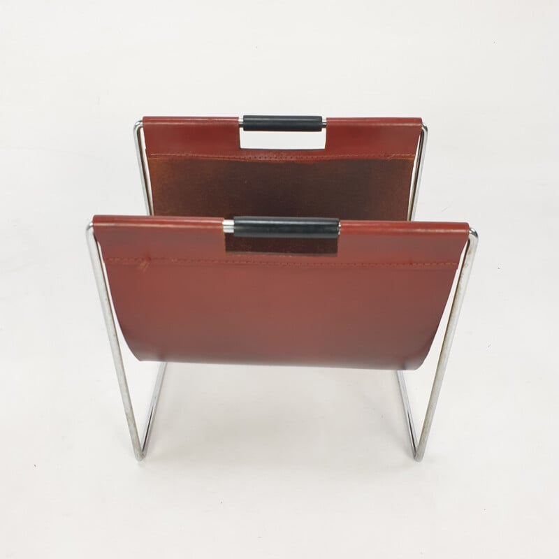 Vintage leather & chrome magazine rack from Brabantia, 1970s