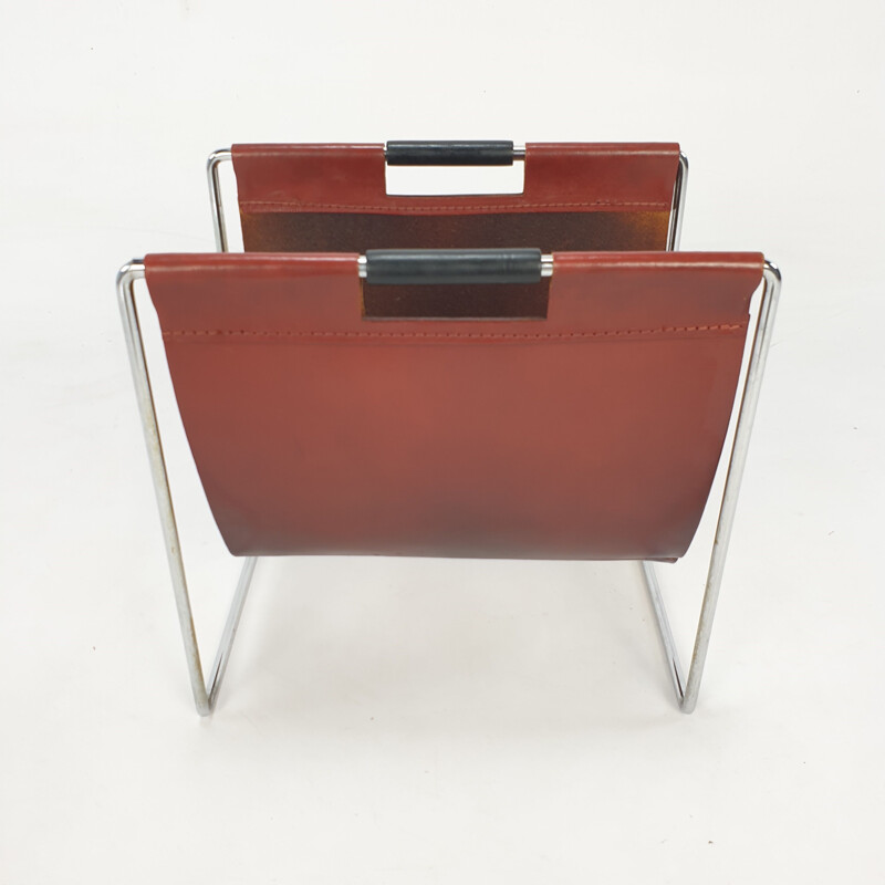 Vintage leather & chrome magazine rack from Brabantia, 1970s