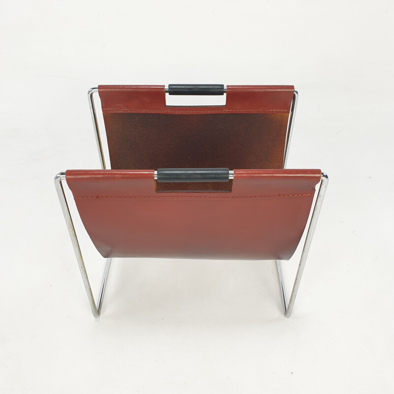 Vintage leather & chrome magazine rack from Brabantia, 1970s