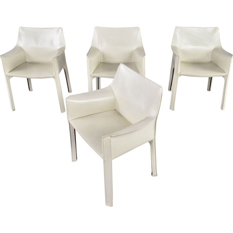 Set of 4 vintage Cab 413 ivory leather dining chairs by Mario Bellini for Cassina, 1977