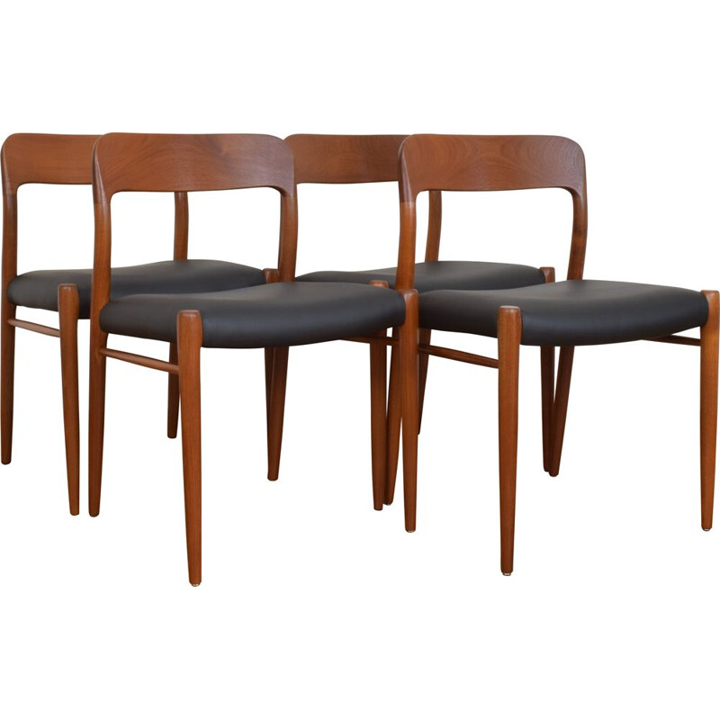 Ensemble de 4 chaises danoises vintage en teck et cuir par N. O. Møller pour J.L. Møller, 1960