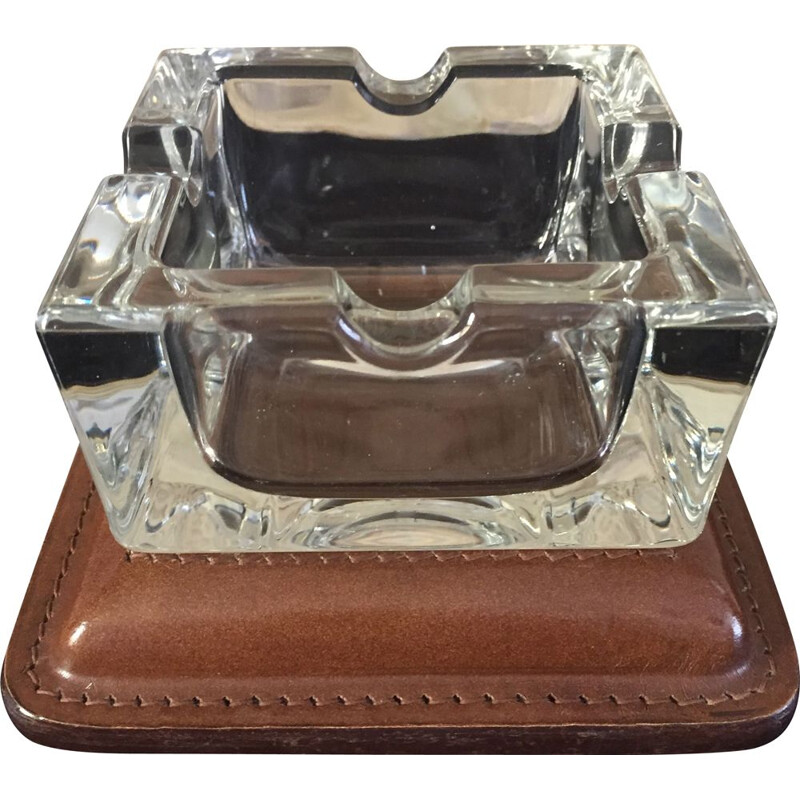 Ashtray vintage art deco modernist cut glass and leather quilted cellar