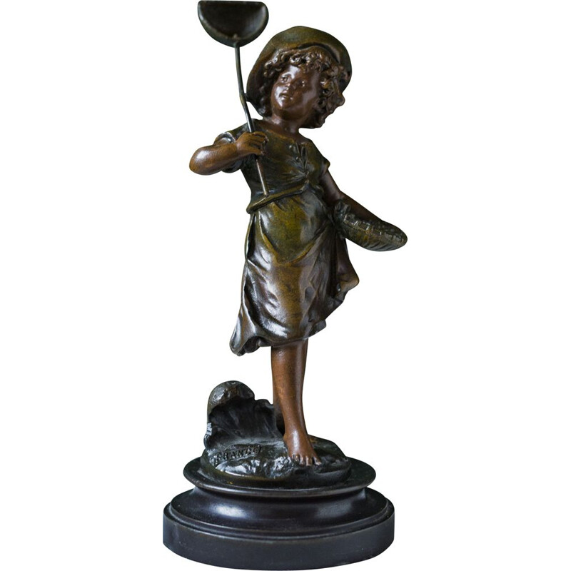 Vintage boy sculpture with butterfly in bronze by Auguste Moreau, France 1890