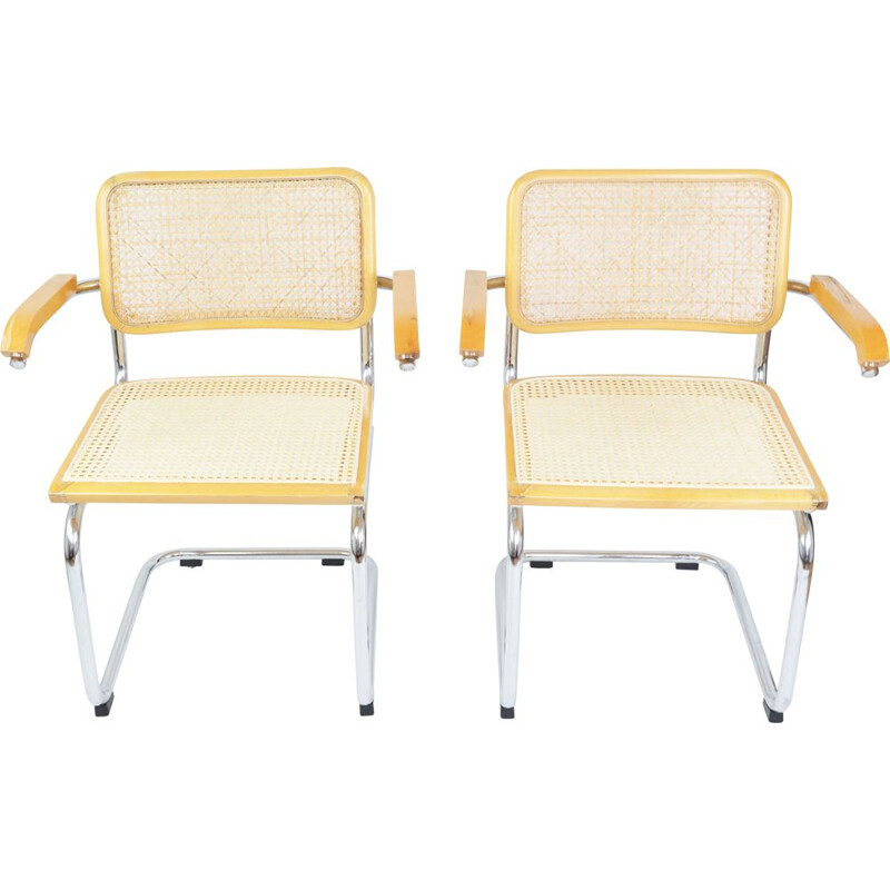 Pair of vintage wooden and rattan armchairs with armrests, 1970s