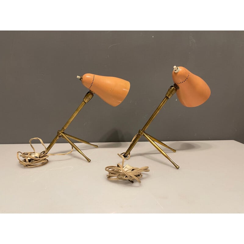 Pair of vintage pink bronze table lamps by Giuseppe Ostuni for Oluce, 1950