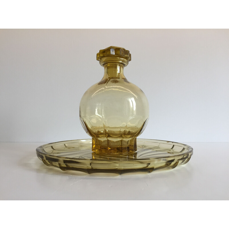 Vintage Art Deco glass tray and carafe set, France