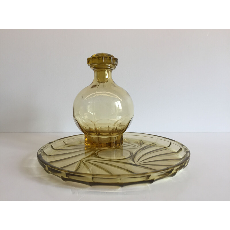 Vintage Art Deco glass tray and carafe set, France