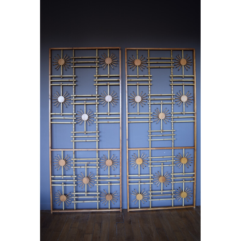 Pair of room divider in wood and bamboo - 1950s