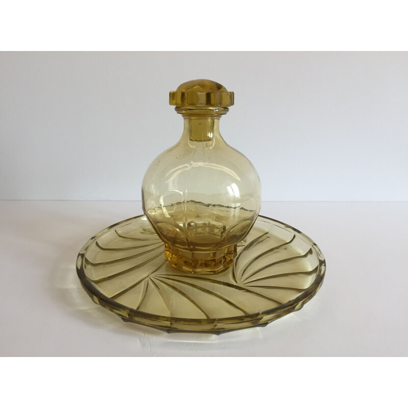 Vintage Art Deco glass tray and carafe set, France