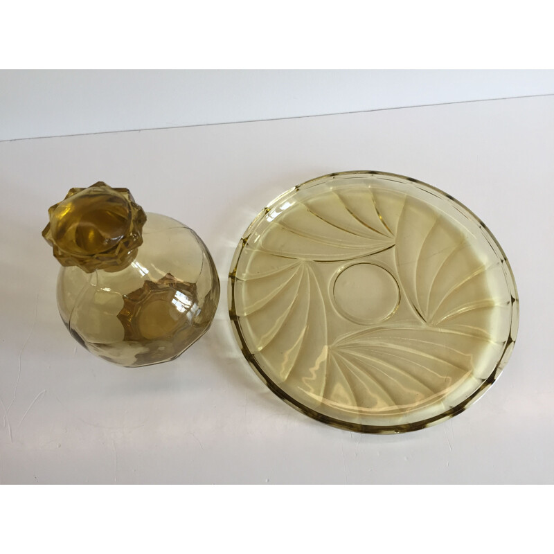 Vintage Art Deco glass tray and carafe set, France
