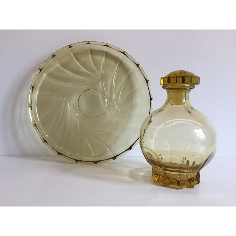 Vintage Art Deco glass tray and carafe set, France