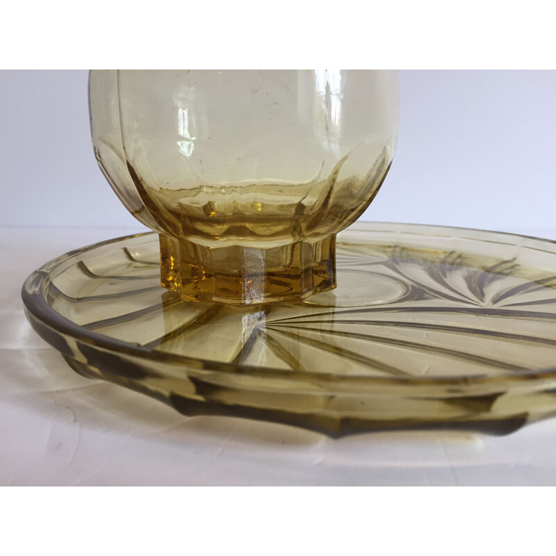 Vintage Art Deco glass tray and carafe set, France