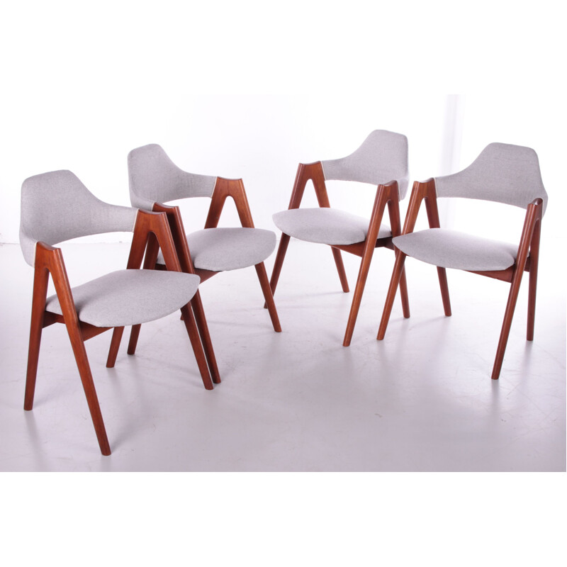 Set of 4 vintage Danish teak and light gray fabric dining chairs by Kai Kristiansen for SVA Mobler, 1960