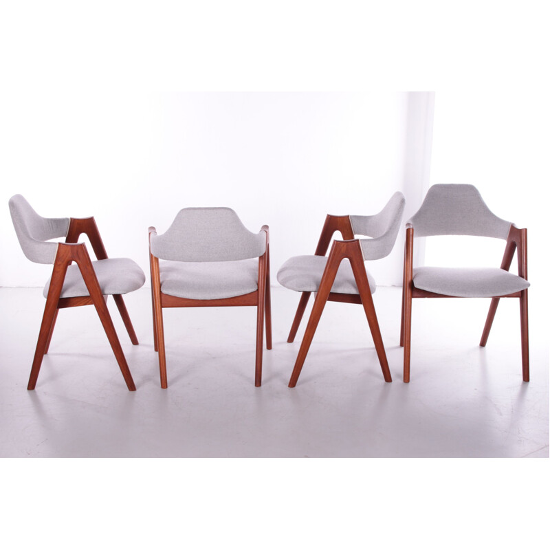 Set of 4 vintage Danish teak and light gray fabric dining chairs by Kai Kristiansen for SVA Mobler, 1960